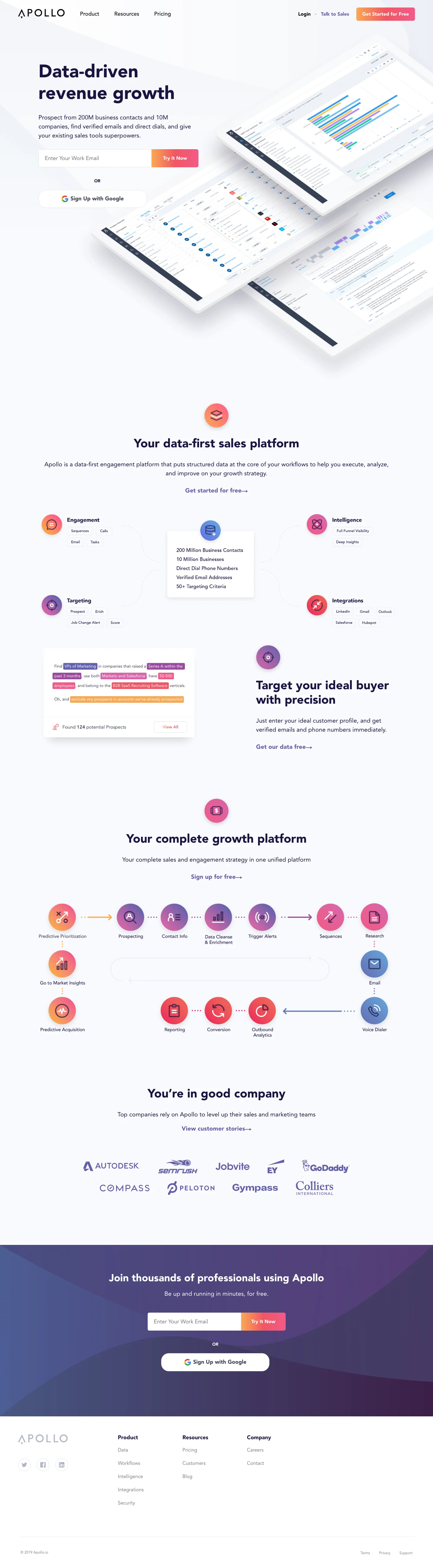 Apollo.io homepage — Jul 2019