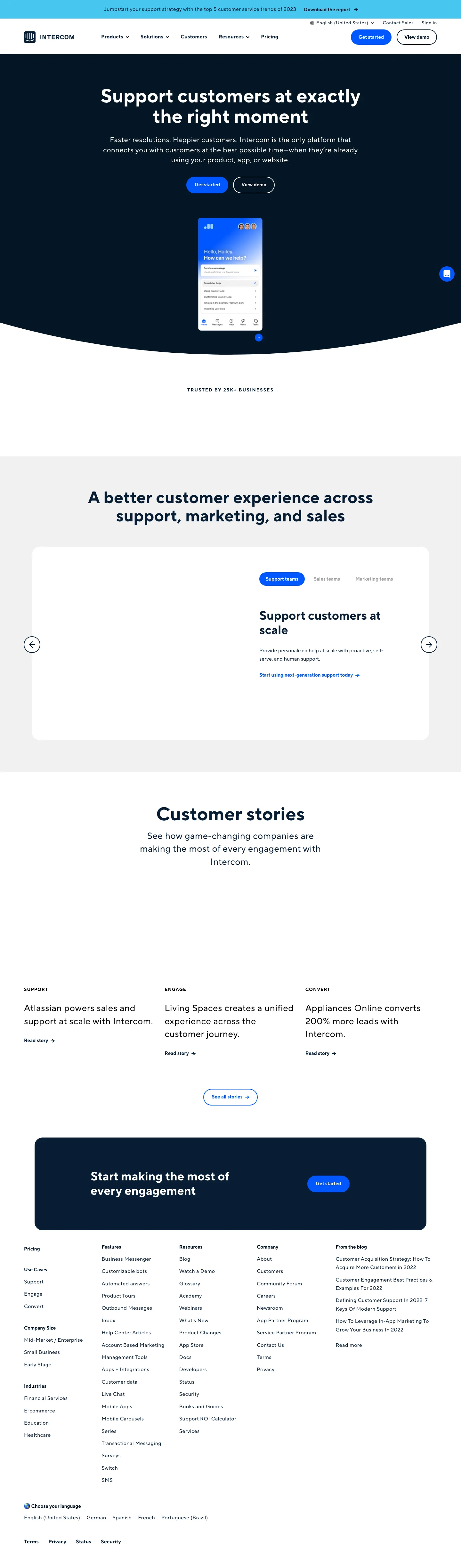 Intercom homepage — Jan 2023
