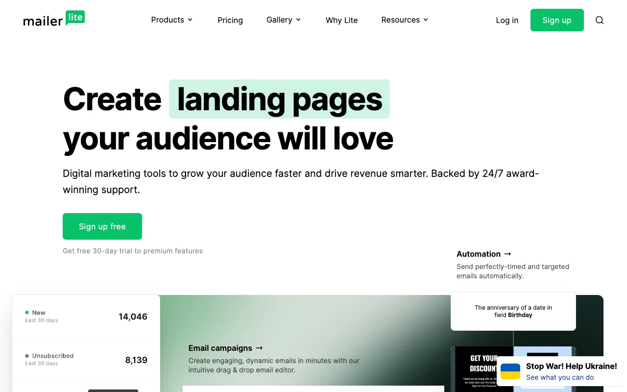 MailerLite homepage — Jul 2022