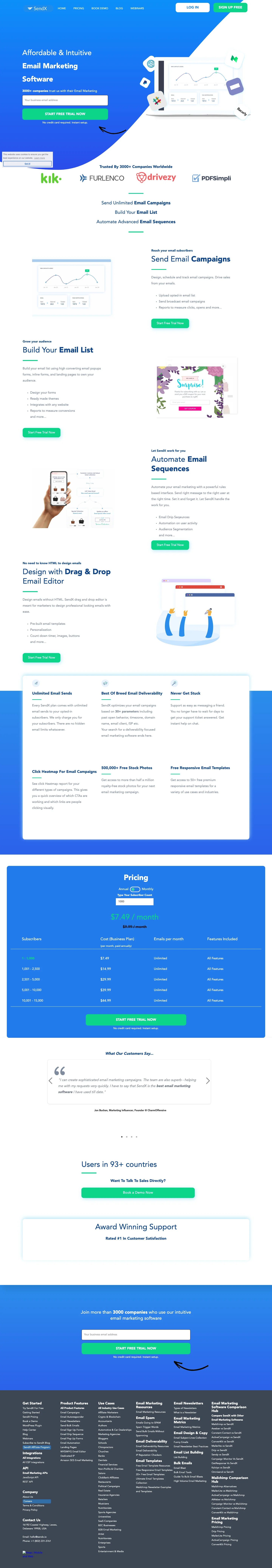 SendX homepage — Jan 2021