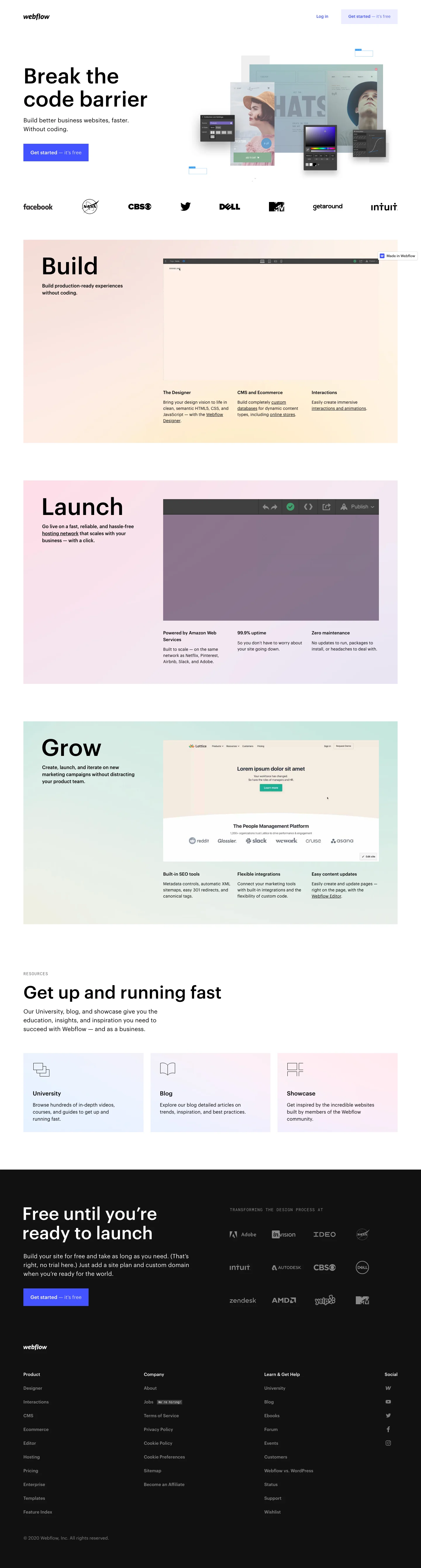 Webflow homepage — Jan 2020