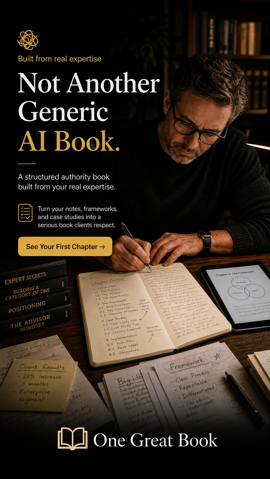 One Great Book static ad showing a founder writing from real expertise