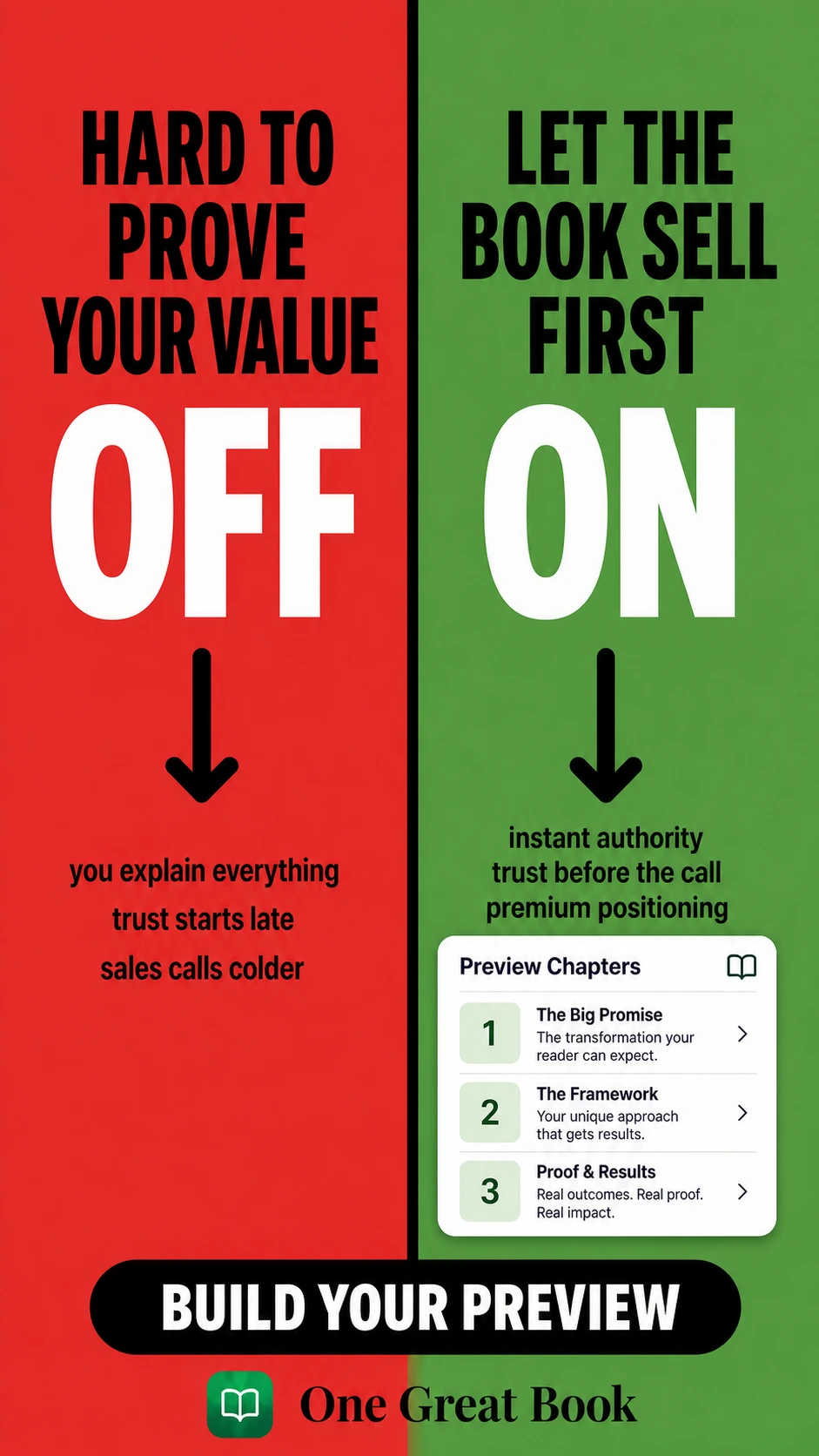 One Great Book static ad showing off versus on preview positioning