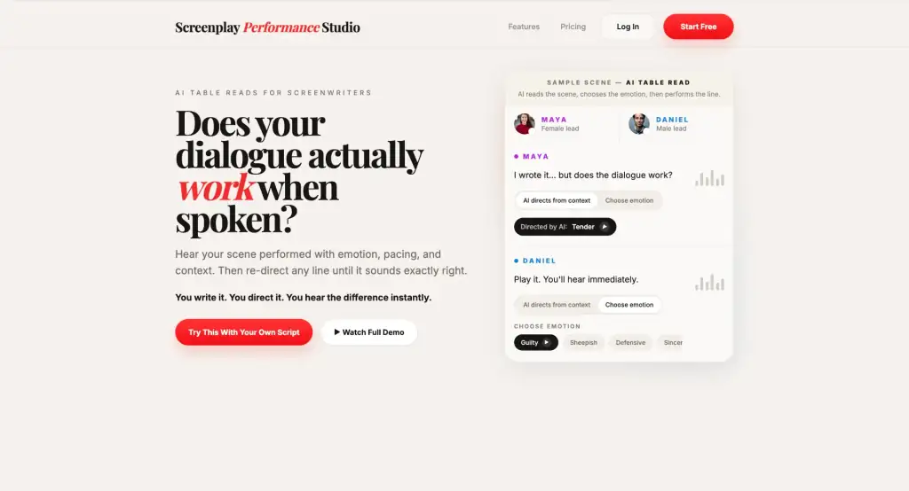 Screenplay Performance Studio — redesigned landing page