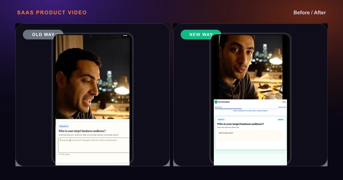 Split-screen SaaS product demo showing before-and-after states recorded with OBS for ad testing