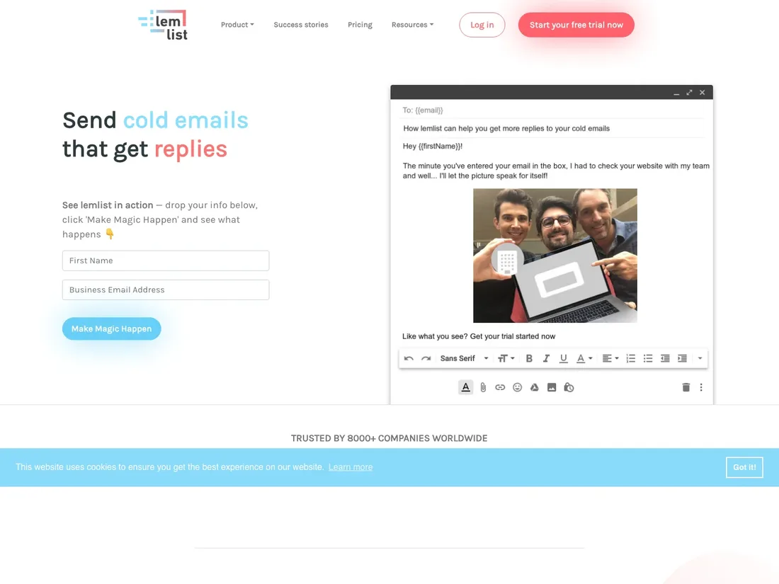 lemlist homepage in July 2019 with a small number of calls to action