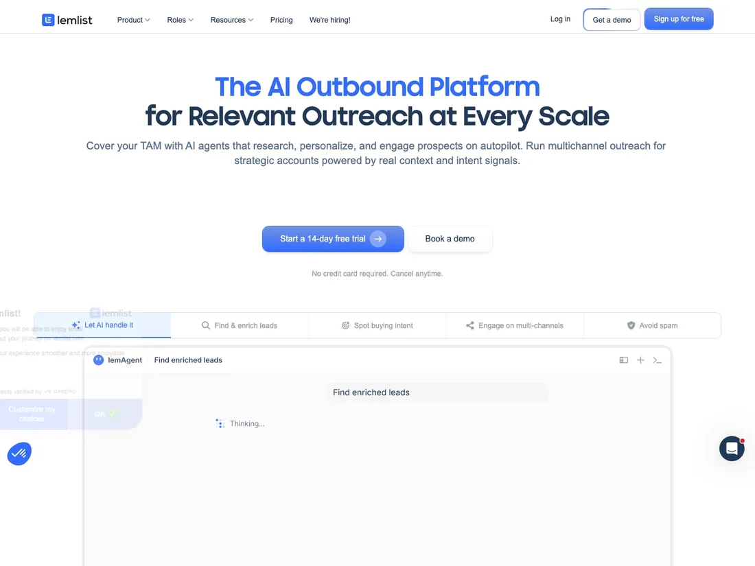 lemlist homepage in 2026 with many competing calls to action