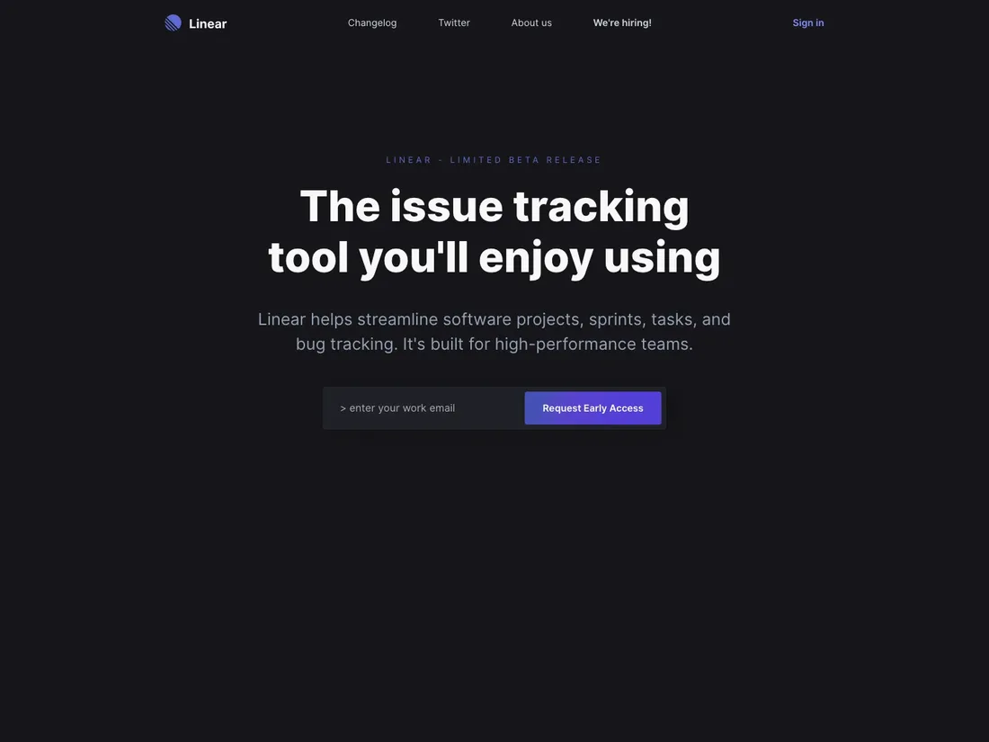 Linear homepage in January 2020, headlined The issue tracking tool you will enjoy using