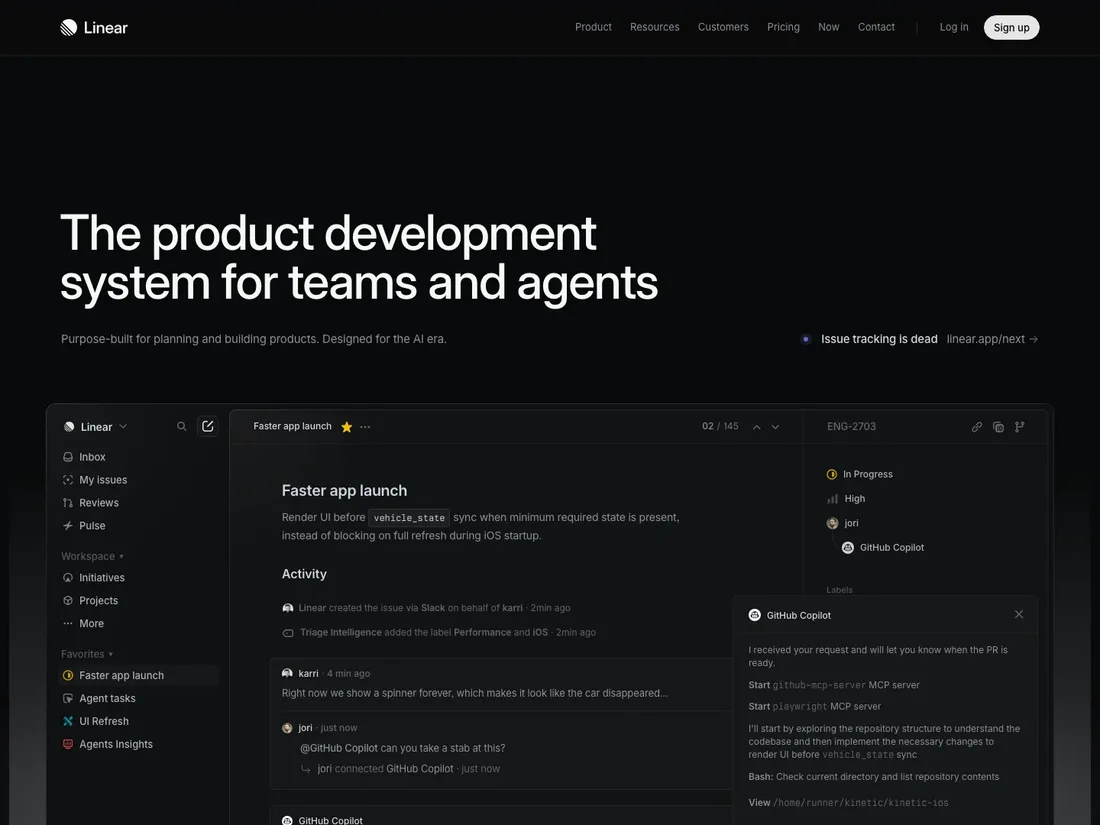 Linear homepage in 2026, headlined The product development system for teams and agents