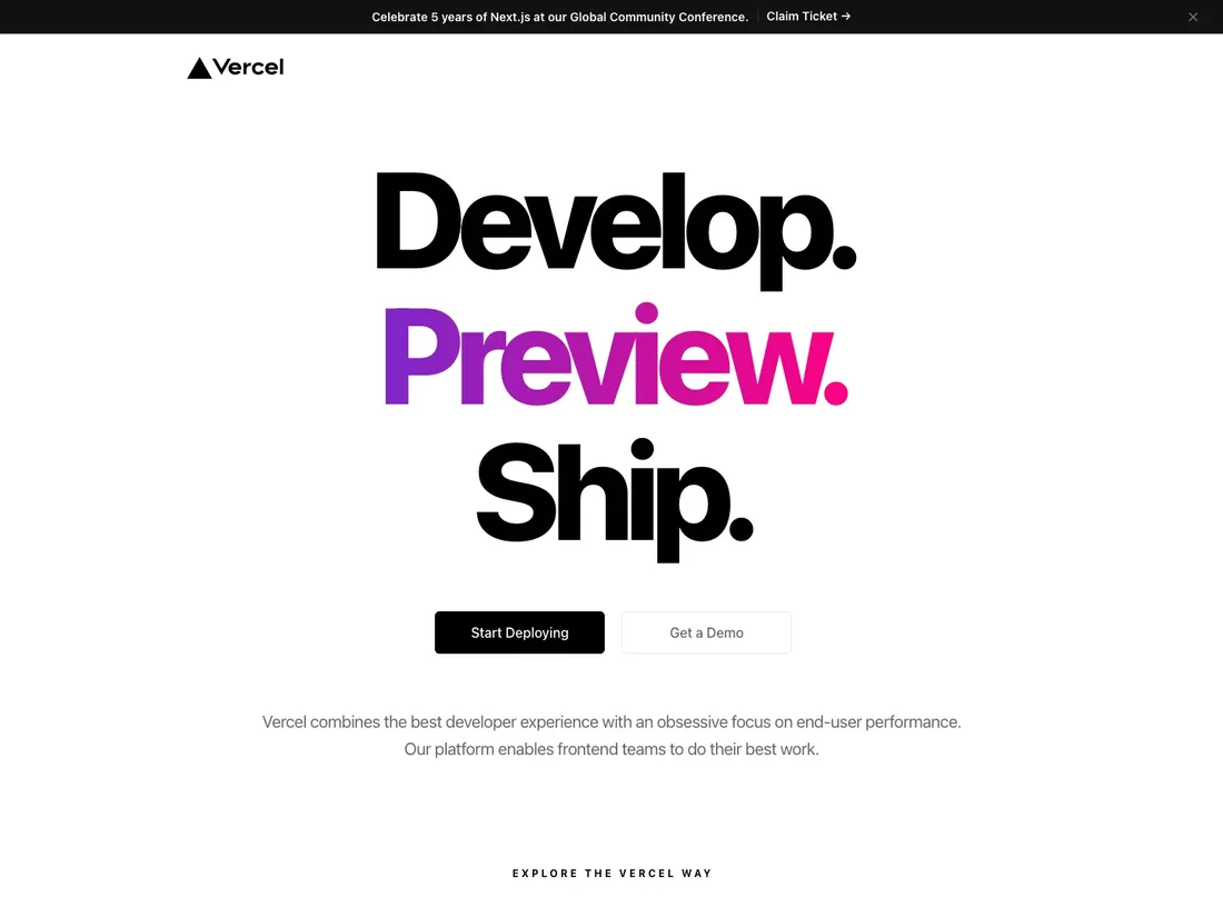 Vercel homepage in July 2021, headlined Develop. Preview. Ship.