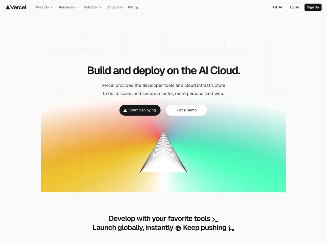 Vercel homepage in 2026, headlined Build and deploy on the AI Cloud